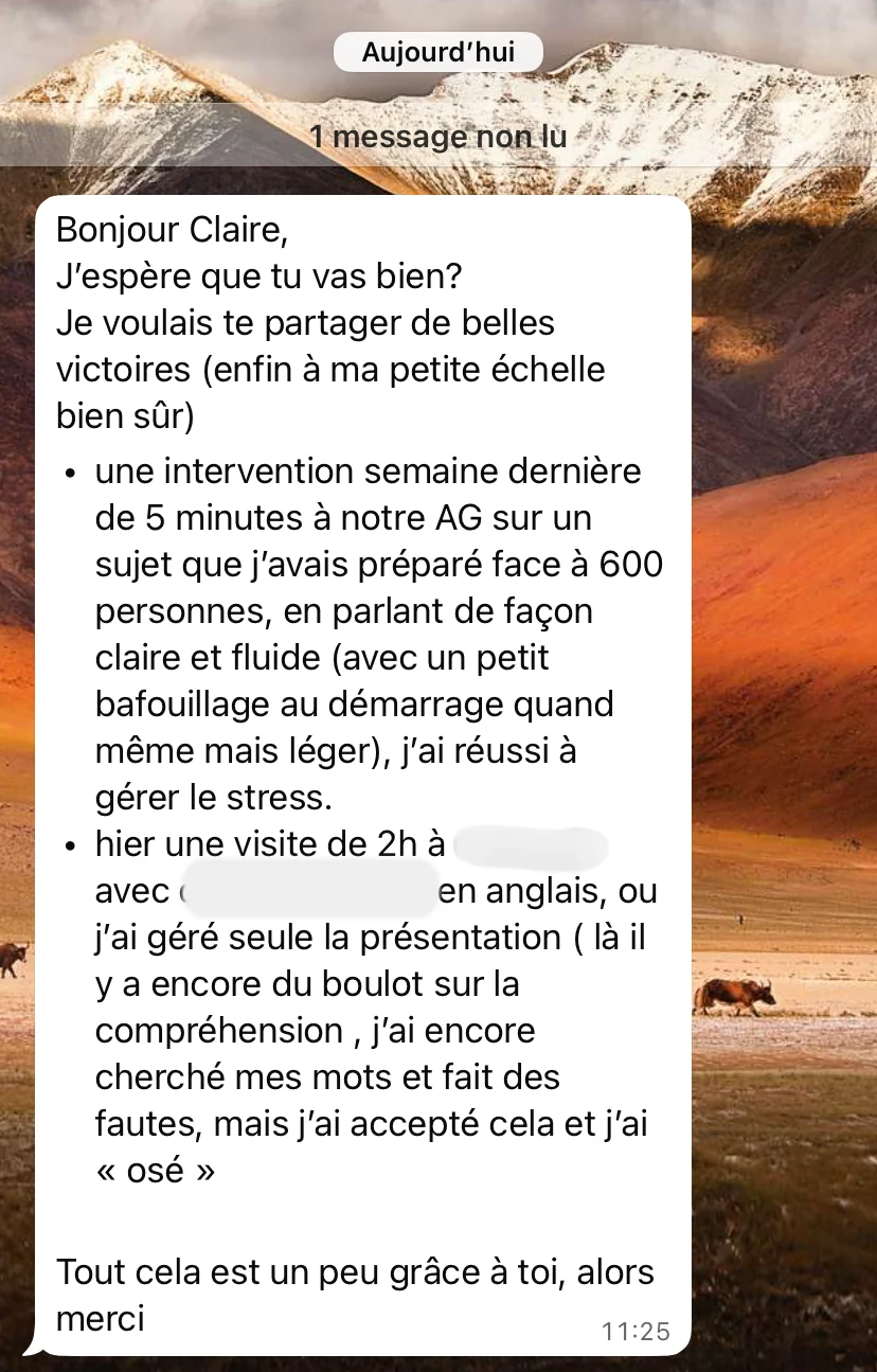 Capture du message WhatsApp envoyé par Léna : intervention de 5 minutes en AG face à 600 personnes, et visite de 2 h en anglais gérée seule